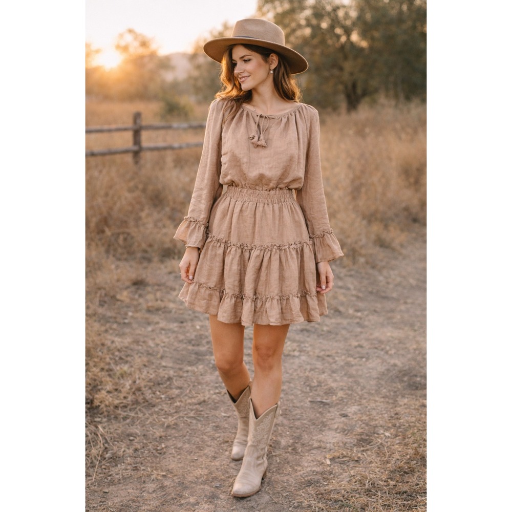 NWT Mustard Seed Ruffle‎ Trim Mini Dress Prairie Boho Long Sleeve Brown M